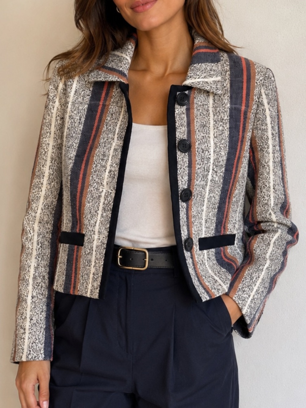 Ann Taylor Women's Blue Racer Stripe Tweed Jacket Button Down Lined Size 2